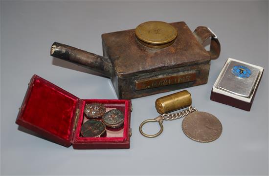 First War War trench kettle lamp, brass bullet shaped lighter, Naval zippo lighter, coins etc